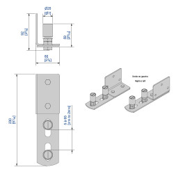 Horizontale Führung für hängende Tore bis 300 kg, seitlich anschraubbar, Ausrichtung quer, 2 verstellbare Rollen je Ø 45 mm, - 2